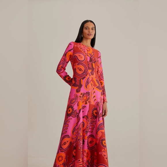 J26 Farm Rio Bold Floral Pink Mong Sleeve Maxi Dress